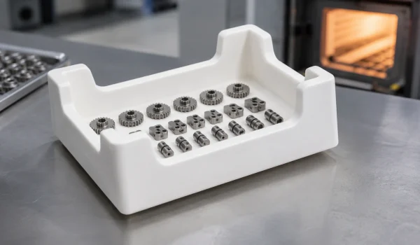 White alumina setter tray loaded with MIM metal parts