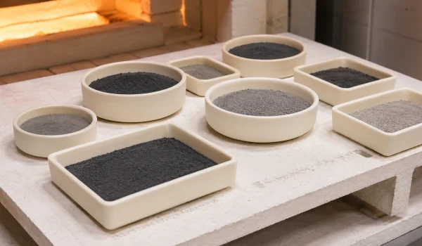 White alumina tray and sagger holding cathode powder for calcination