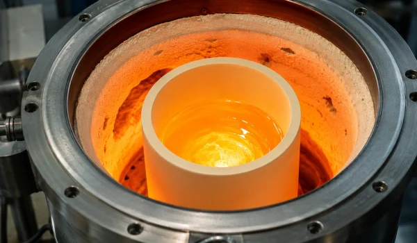 Zirconia crucible holding molten specialty glass in a high-temperature furnace.