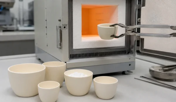 Zirconia crucibles used with a laboratory muffle furnace for powder sintering experiments.