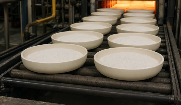 Zirconia sintering trays loaded with ceramic powder entering an industrial calcination furnace.