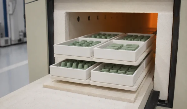 Alumina boats holding green powder-metallurgy parts during debinding