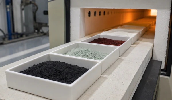 Alumina boats filled with powder for calcination in a tube furnace
