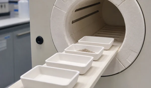 Alumina boats loaded into a tube furnace for high-temperature sample handling