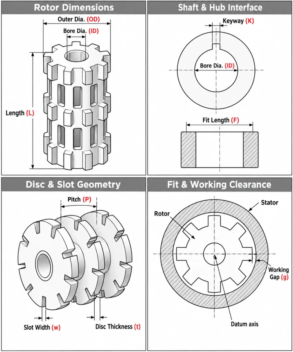Alumina ceramic dispersion rotor diagrams showing rotor dimensions, shaft bore, keyway, disc and slot geometry, and rotor-stator clearance.