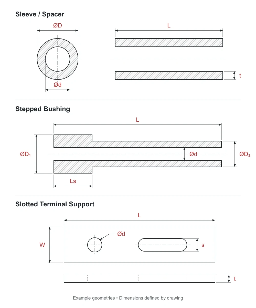 Alumina ceramic insulator parts dimension diagram showing sleeves, stepped bushings and slotted supports with lengths, diameters and thicknesses.