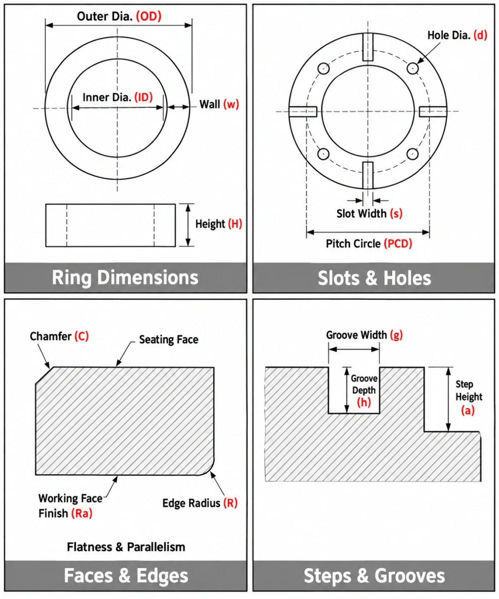 Alumina ceramic retaining ring diagrams showing outer and inner diameters, height, wall width, slots, mounting holes, working faces, chamfers, steps and grooves.