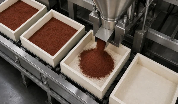 Deep alumina ceramic trays filled with metal oxide powder for calcination