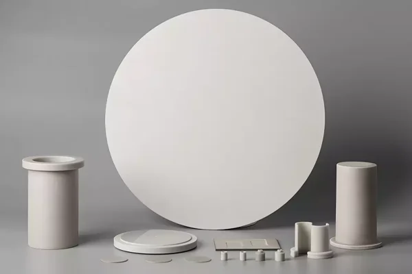 Aluminium nitride ceramic substrates, plates, rings and custom-machined parts displayed for high-power and thermal management applications