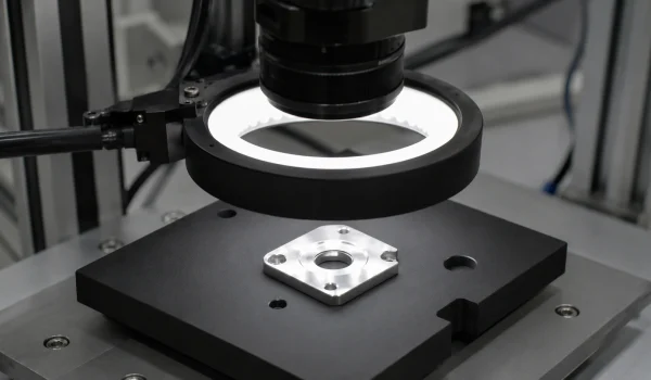 Matte black alumina ceramic locating block in a machine vision inspection fixture under ring lighting