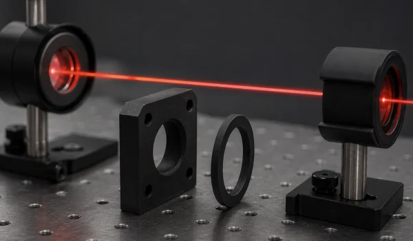 Matte black alumina ceramic mount and aperture beside a collimated laser beam on an optical bench