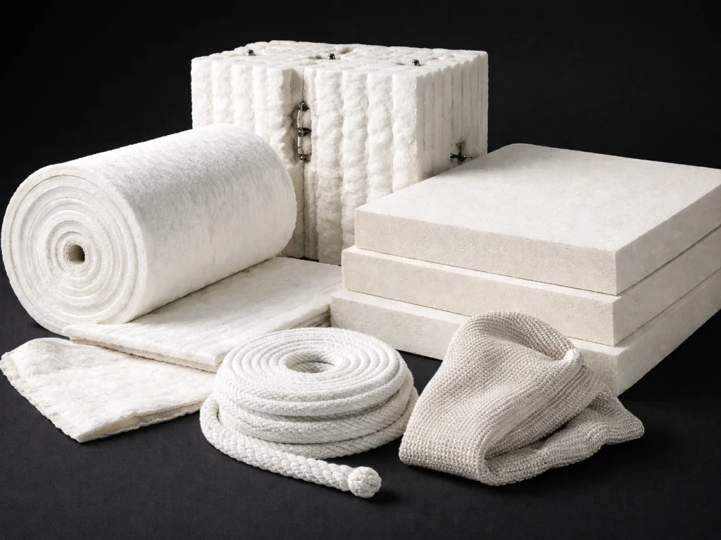 Ceramic fiber insulation products including blanket, board, module, rope, and cloth on black background
