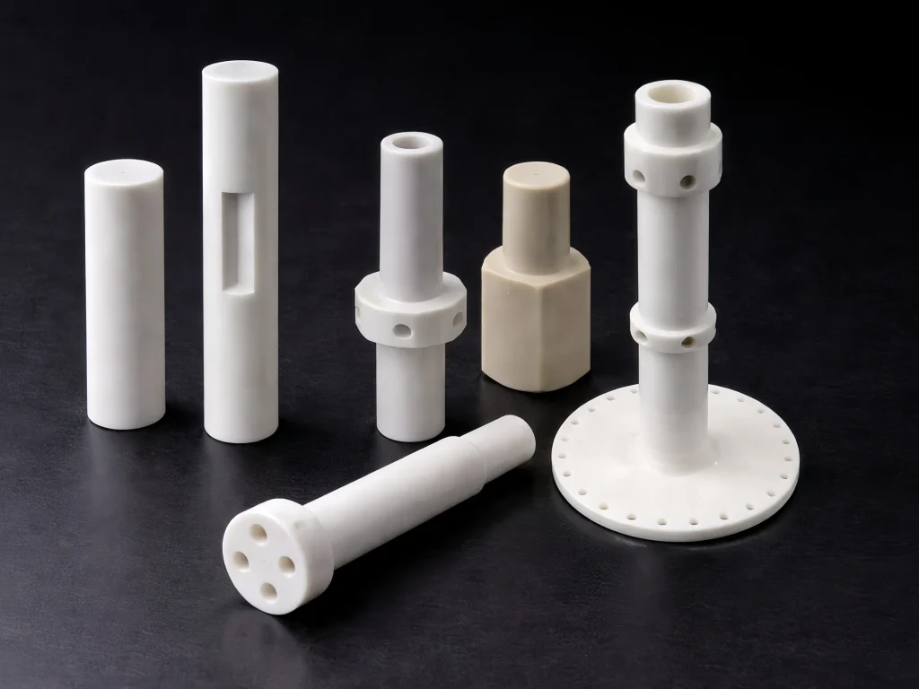 Ceramic shaft product range showing multiple precision ceramic shafts and assemblies
