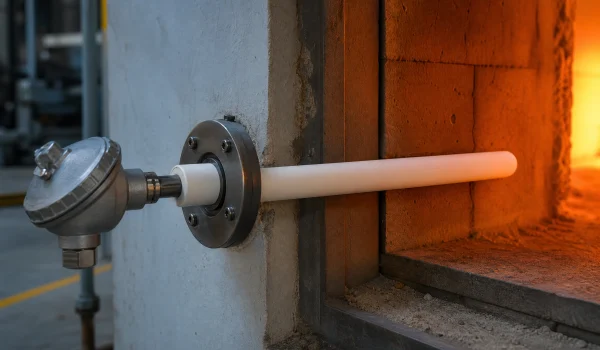 ceramic thermocouple protection tube installed in an industrial furnace