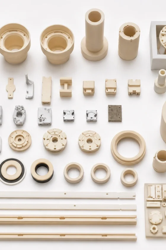 Various custom ceramic components are neatly arranged on a clean studio background to show ceramic manufacturing capabilities.