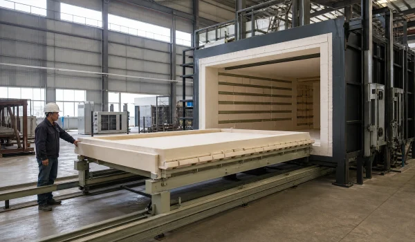 Custom ceramic tray fitted to an industrial furnace support frame