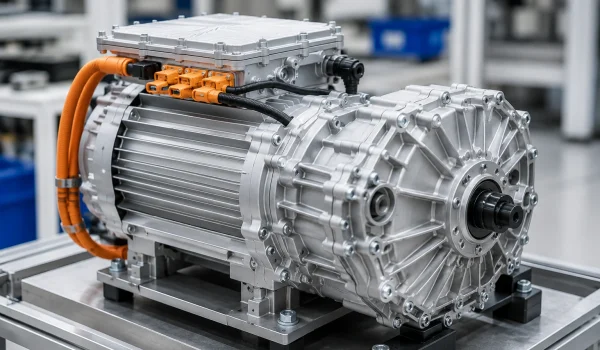 EV traction motor assembly where silicon nitride bearing balls prevent shaft-current bearing damage