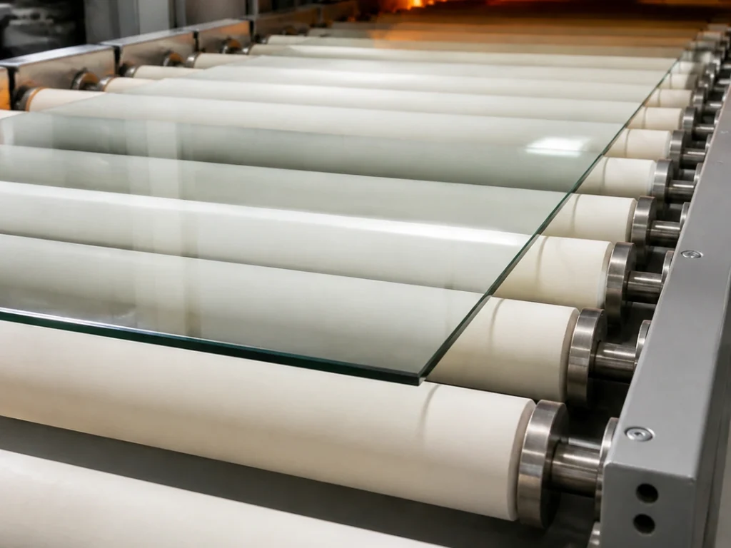 Industrial ceramic rollers conveying glass through a heat treatment furnace