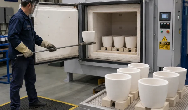 Large alumina ceramic crucibles loaded into an industrial electric box furnace