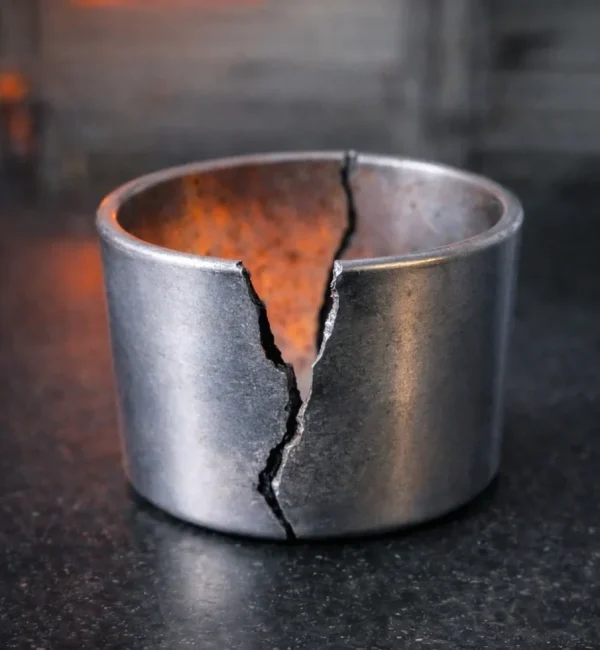 Cracked metal crucible after high-temperature heat treatment, showing a vertical fracture with furnace glow in the background