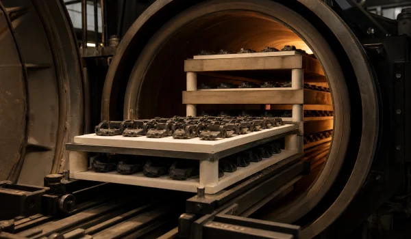 Ceramic sintering trays carrying MIM parts into a vacuum furnace