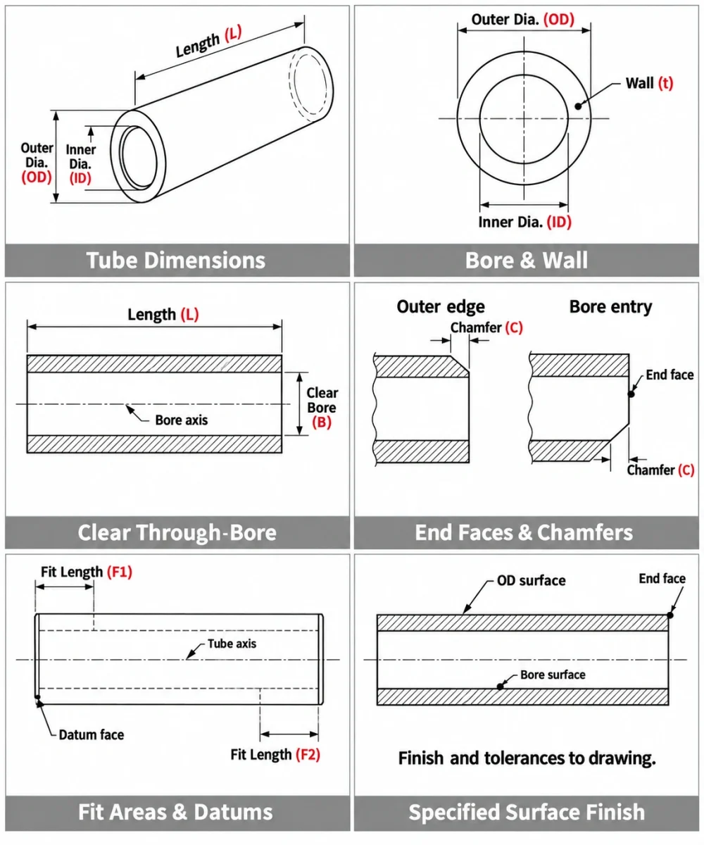 Dimension diagrams of an open-both-ends YSZ zirconia tube showing outer and inner diameters, length, wall thickness, chamfers, fit areas and surface finish.