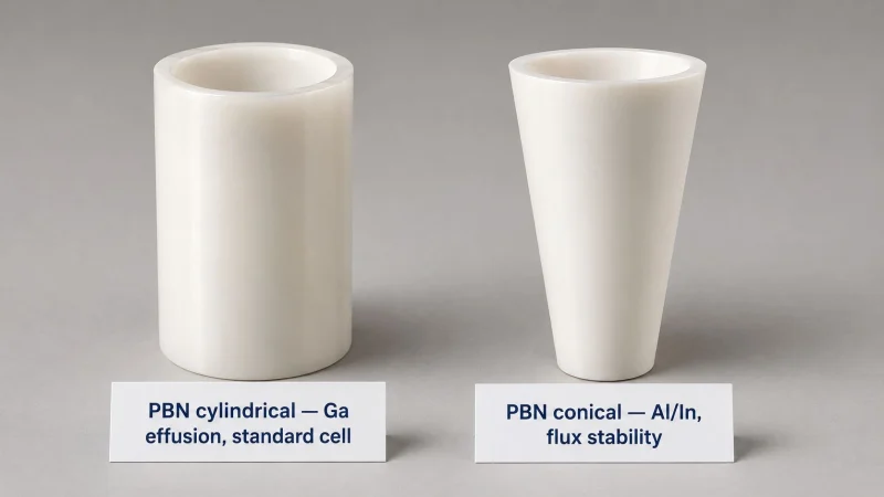 PBN cylindrical and conical crucibles for GaAs MBE effusion cells, showing standard gallium effusion geometry and conical crucible design for aluminum, indium and flux stability