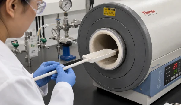Alumina ceramic boat carrying powder into a horizontal tube furnace