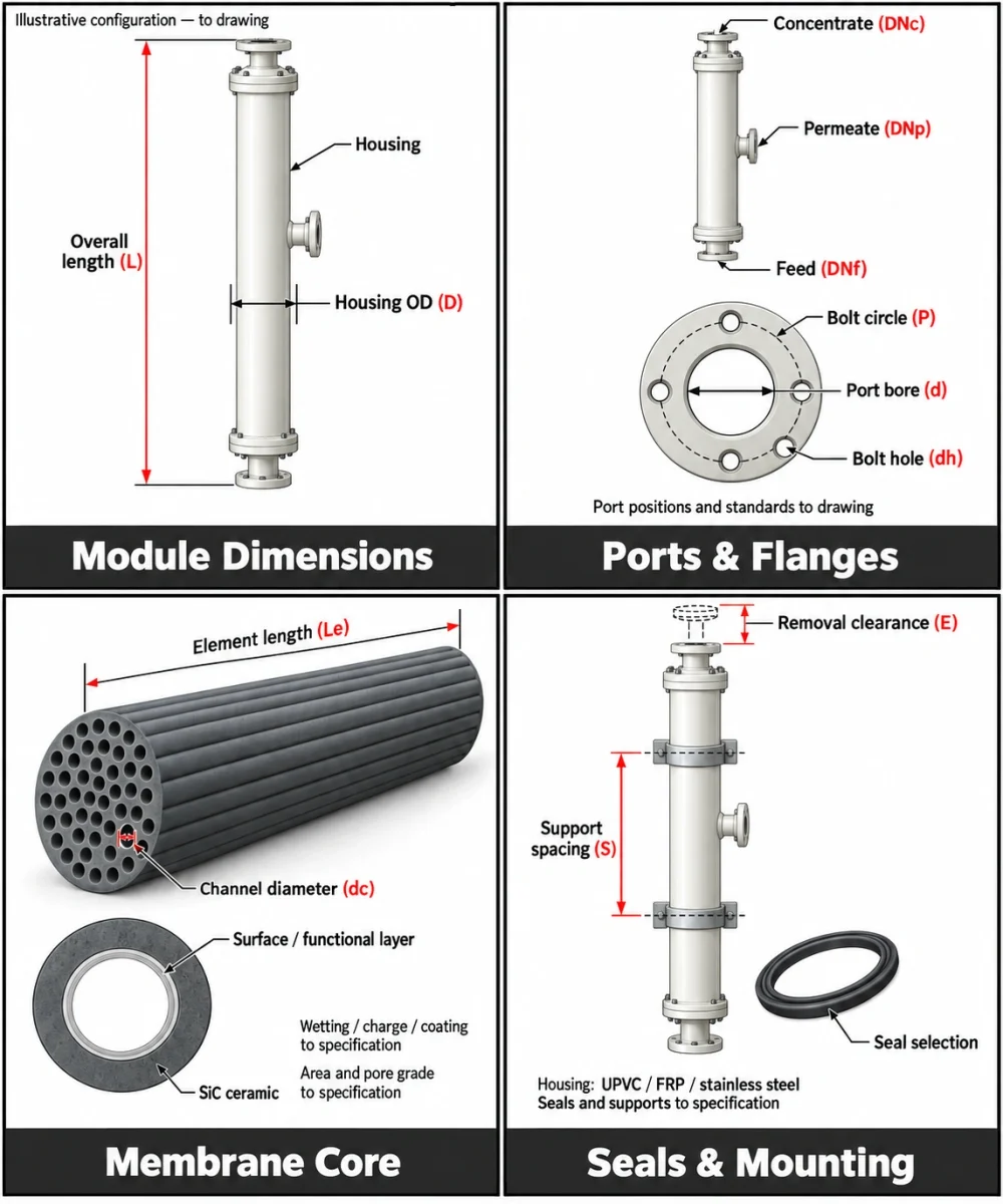 Silicon carbide column membrane module diagrams showing overall dimensions, fluid ports, flange details, membrane channels, functional layers, seals and support spacing.