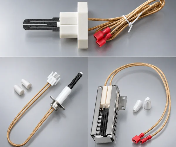 Three silicon carbide igniter assemblies with ceramic bases, insulated leads and different mounting configurations.