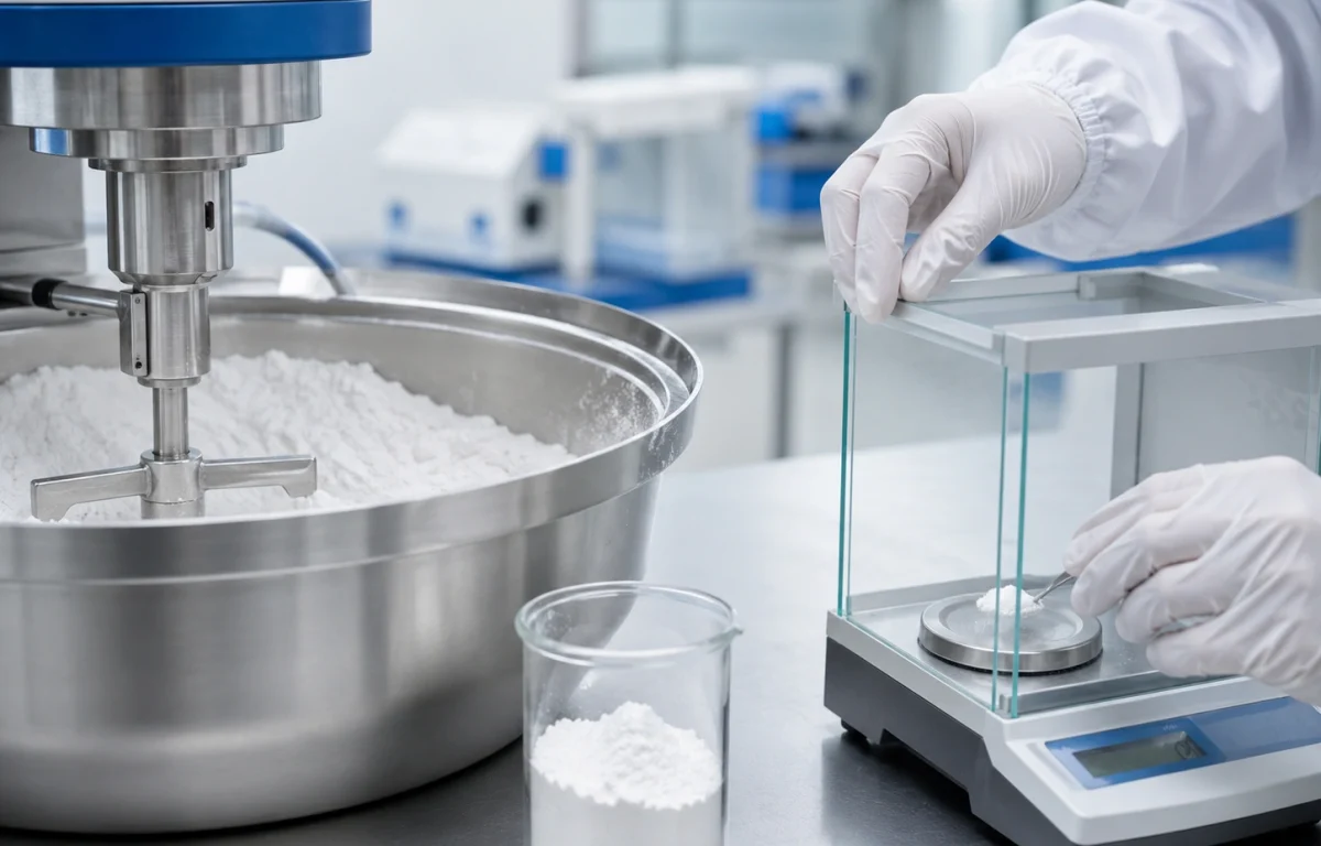 transparent-ceramic-powder-preparation High-purity ceramic powder preparation — weighing and blending oxide powder in a clean laboratory